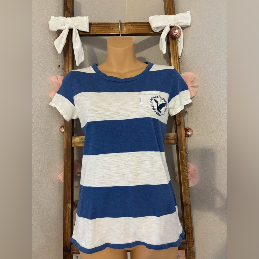 AMERICAN EAGLE Y2K Babydoll Rugby Blue White Stripe Pocket Tee Size M Kidcore